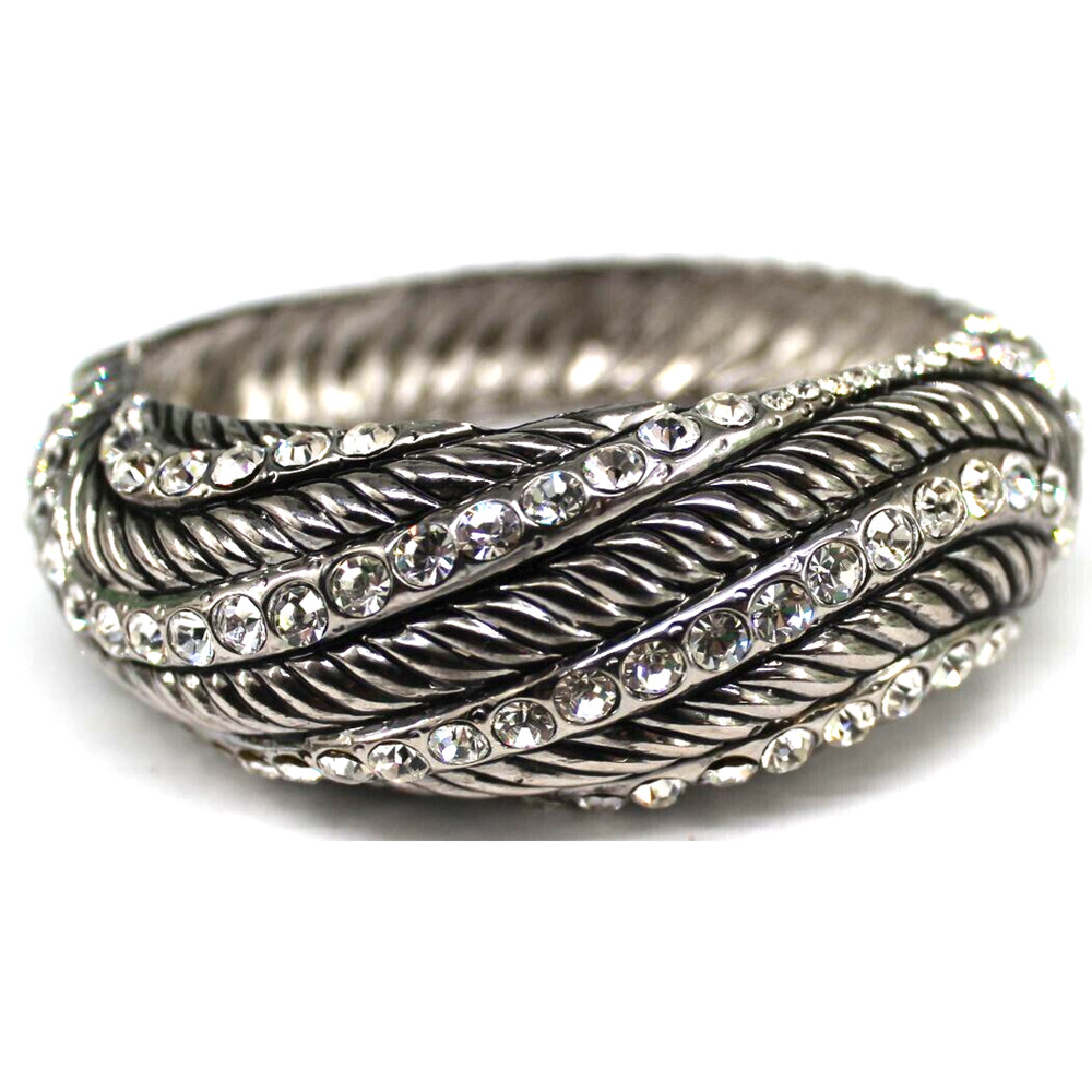 Stunning Rhinestone Silvertone Cuff Bracelet Wave… - image 1